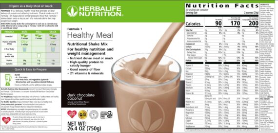 Herbalife Dark Chocolate Coconut Shake Mix with coconut flakes and cocoa powder