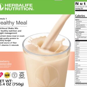 Herbalife Strawberry Cheesecake Shake Mix with swirls of creamy cheesecake and ripe strawberries