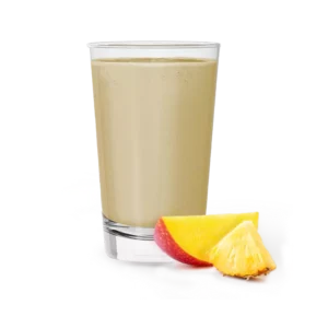 Herbalife Mango Pineapple Shake Mix with tropical fruits and palm leaves in the background