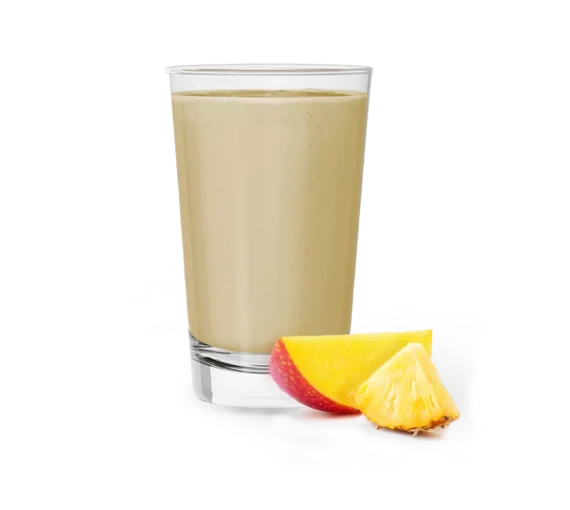 Herbalife Mango Pineapple Shake Mix with tropical fruits and palm leaves in the background